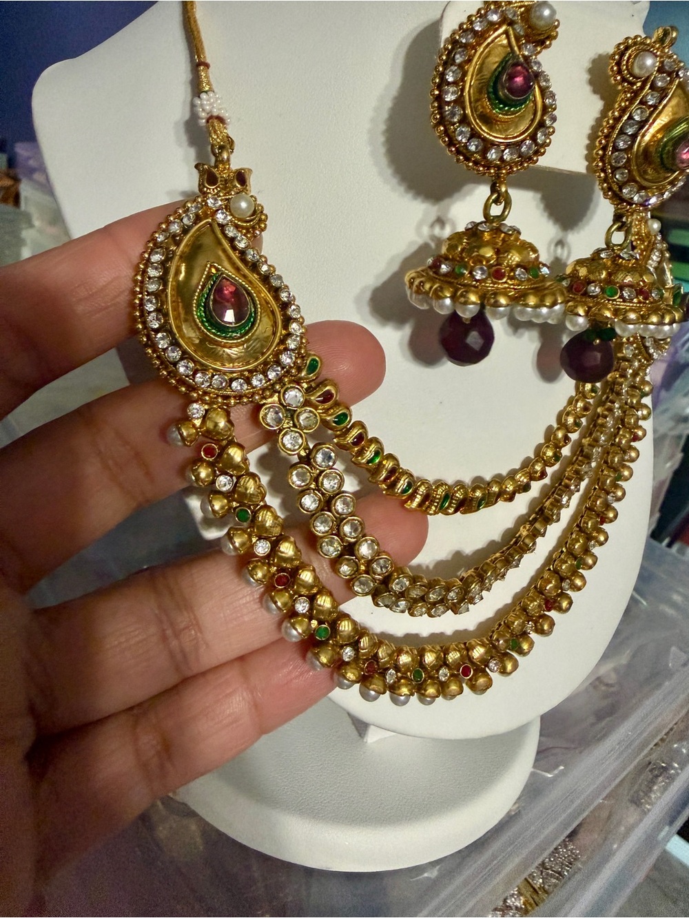 BRAND NEW 3 Layer Antique Temple Necklace Set - Mango Paisley Design with Jhumka
